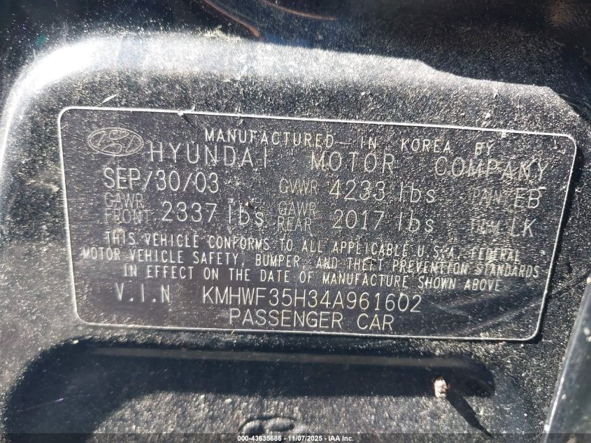 2004 Hyundai Sonata Gls/Lx VIN: KMHWF35H34A961602 Lot: 43635686