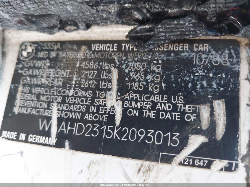 1989 BMW 535 I Automatic VIN: WBAHD2315K2093013 Lot: 43635728