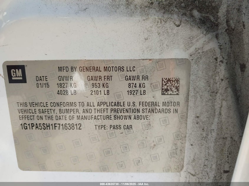 2015 CHEVROLET CRUZE LS AUTO 1G1PA5SH1F7163812