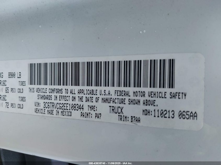 2014 Ram Promaster 2500 High Roof VIN: 3C6TRVCG2EE108344 Lot: 43635740