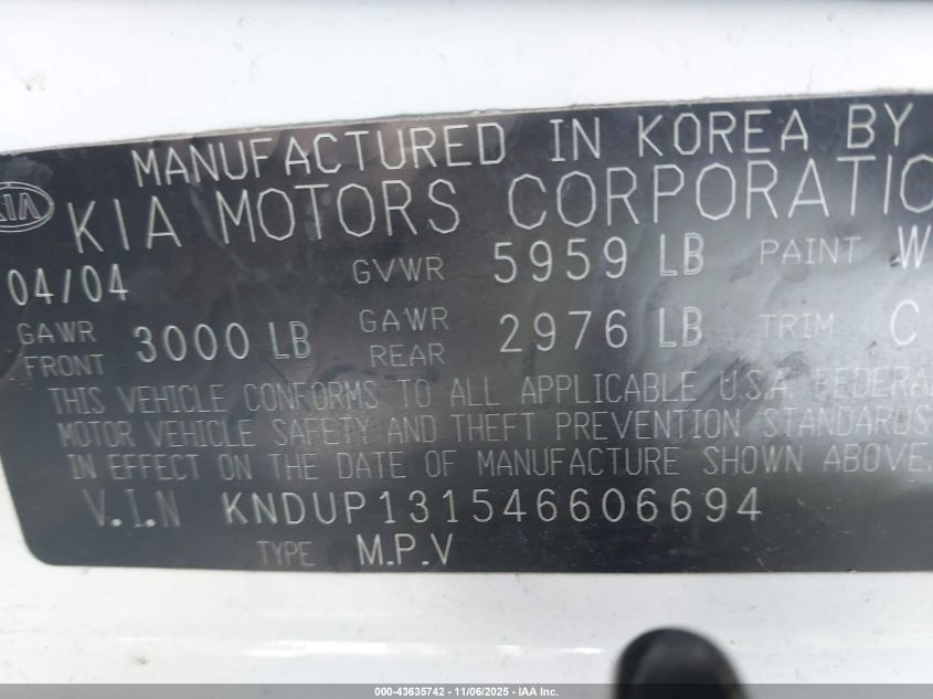 2004 Kia Sedona Ex/Lx VIN: KNDUP131546606694 Lot: 43635742