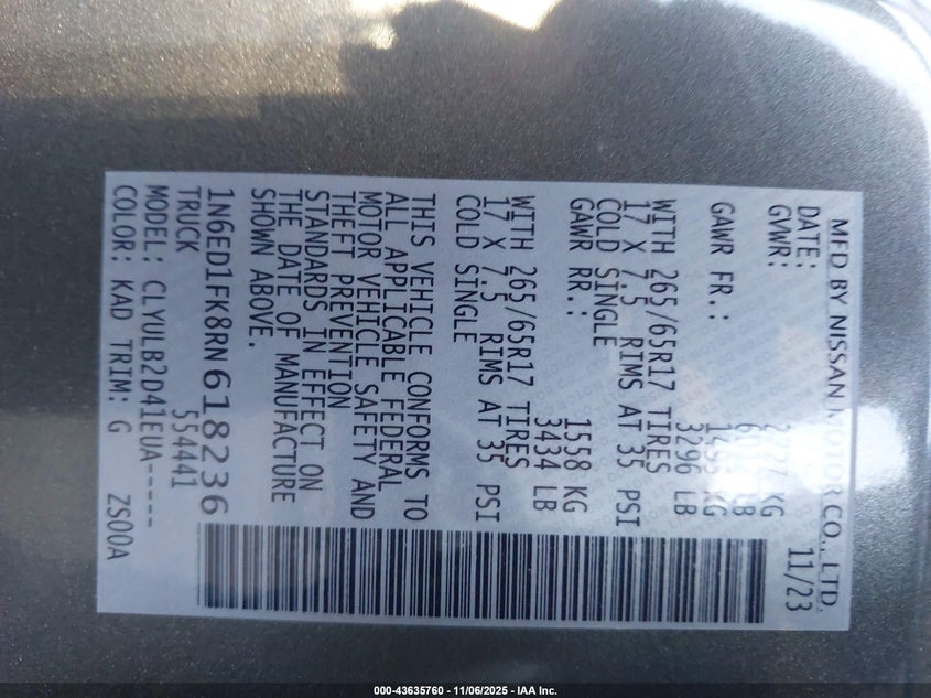 2024 NISSAN FRONTIER LONG BED SV 4X4 1N6ED1FK8RN618236