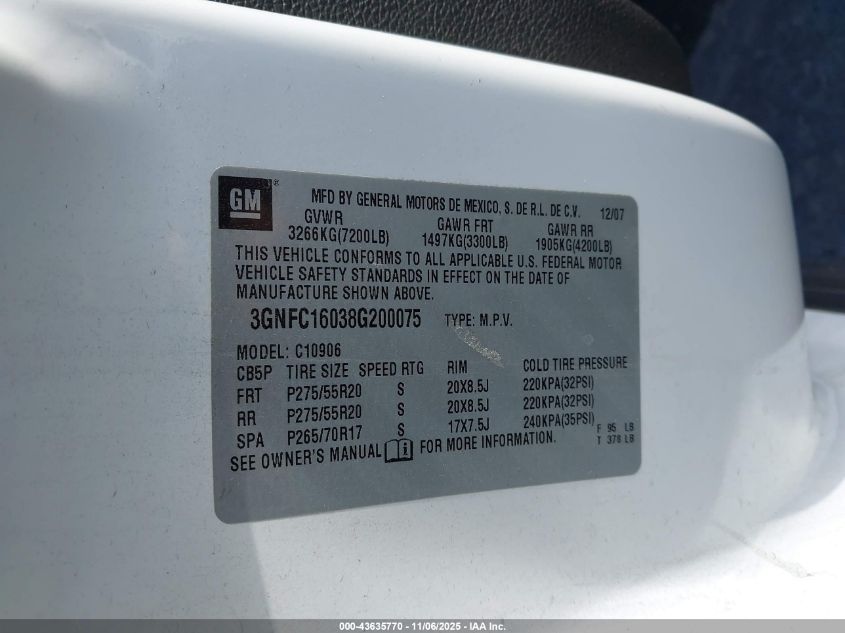 2008 Chevrolet Suburban 1500 Lt VIN: 3GNFC16038G200075 Lot: 43635770