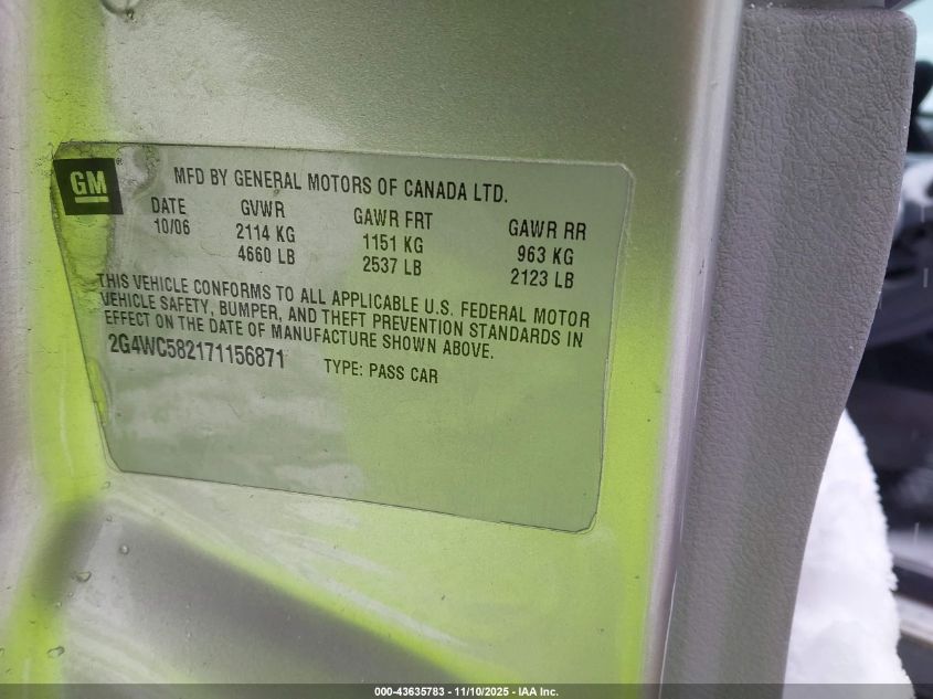 2007 Buick Lacrosse Cx VIN: 2G4WC582171156871 Lot: 43635783