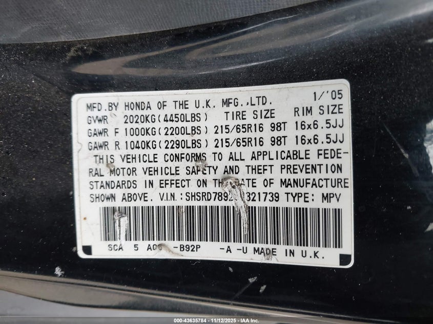 2005 Honda Cr-V Se VIN: SHSRD78925U321739 Lot: 43635784