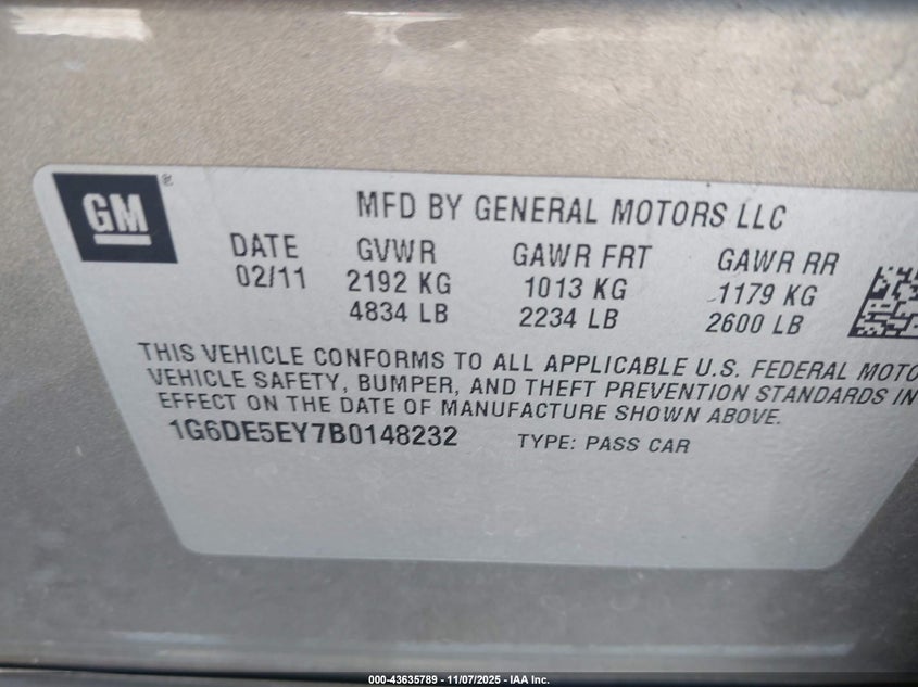 2011 Cadillac Cts Luxury VIN: 1G6DE5EY7B0148232 Lot: 43635789