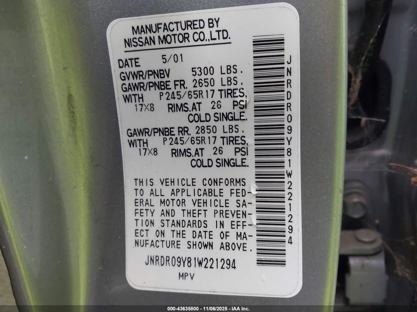 2001 Infiniti Qx4 Luxury VIN: JNRDR09Y81W221294 Lot: 43635800