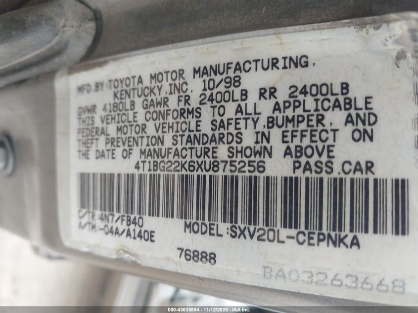 1999 Toyota Camry Le VIN: 4T1BG22K6XU875256 Lot: 43635804