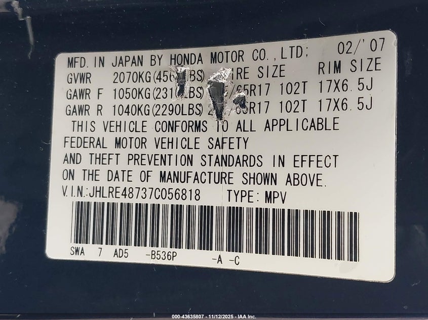 2007 Honda Cr-V Ex-L VIN: JHLRE48737C056818 Lot: 43635807