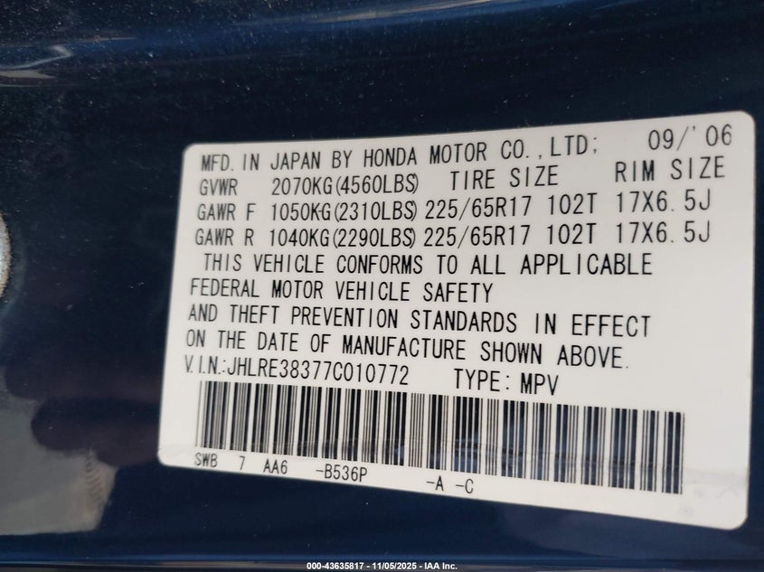 2007 Honda Cr-V Lx VIN: JHLRE38377C010772 Lot: 43635817