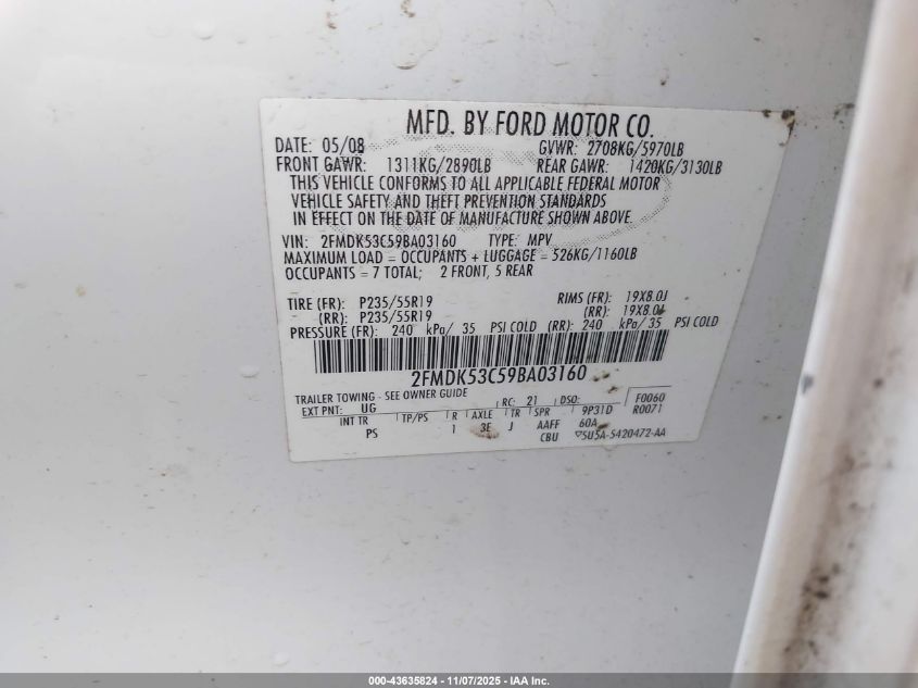 2009 Ford Flex Limited VIN: 2FMDK53C59BA03160 Lot: 43635824