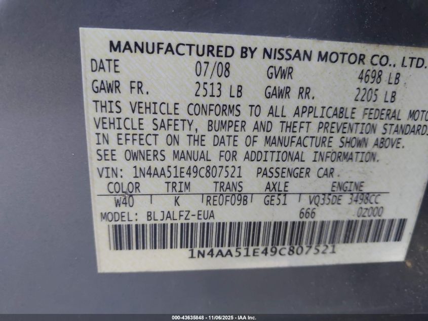 2009 Nissan Maxima 3.5 Sv VIN: 1N4AA51E49C807521 Lot: 43635848