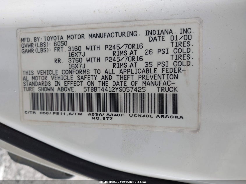 5TBBT4412YS057425 2000 TOYOTA TUNDRA photo no. 9