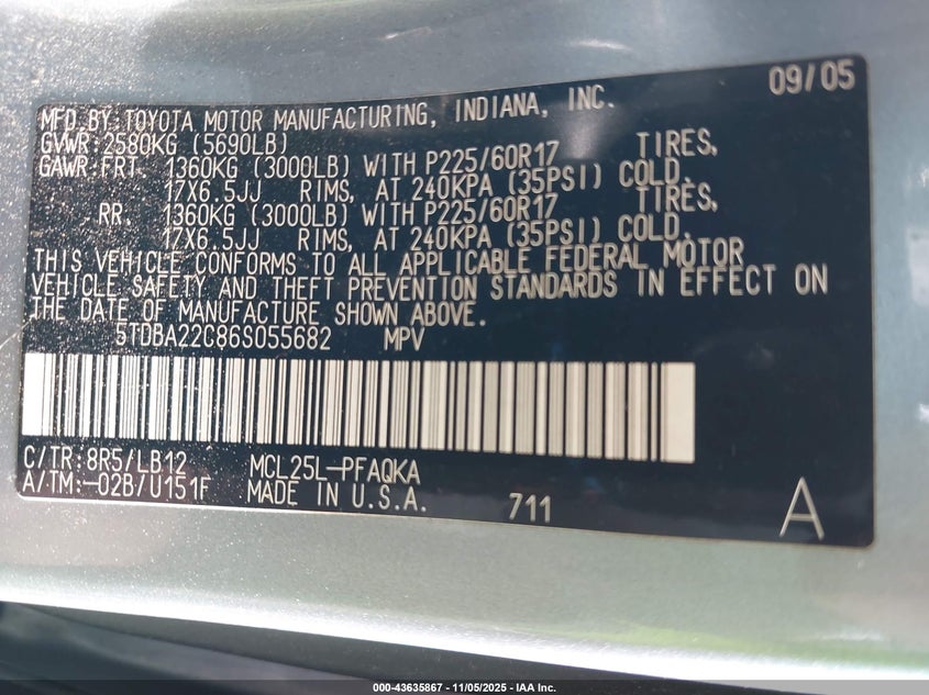 5TDBA22C86S055682 2006 TOYOTA SIENNA photo no. 9