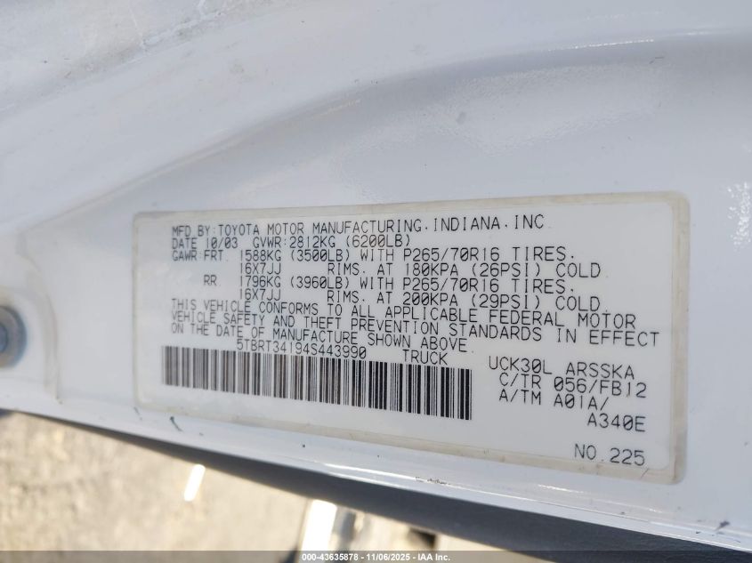 2004 Toyota Tundra Sr5 V8 VIN: 5TBRT34194S443990 Lot: 43635878