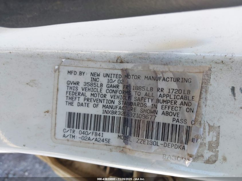 2003 Toyota Corolla Ce VIN: 1NXBR32E83Z109677 Lot: 43635880