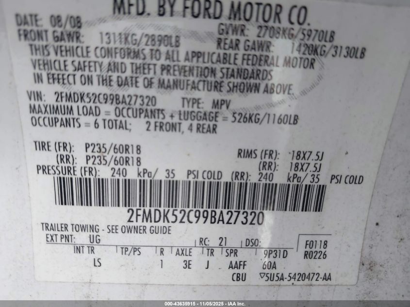 2009 Ford Flex Sel VIN: 2FMDK52C99BA27320 Lot: 43635915