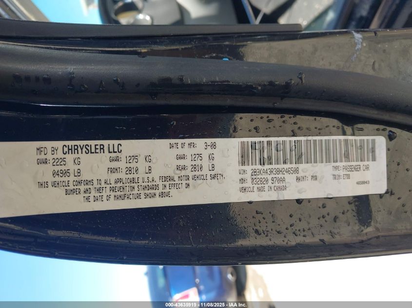 2008 Dodge Charger VIN: 2B3KA43R38H246508 Lot: 43635919