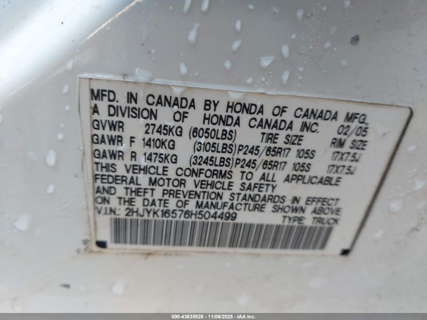 2006 Honda Ridgeline Rtl VIN: 2HJYK16576H504499 Lot: 43635926
