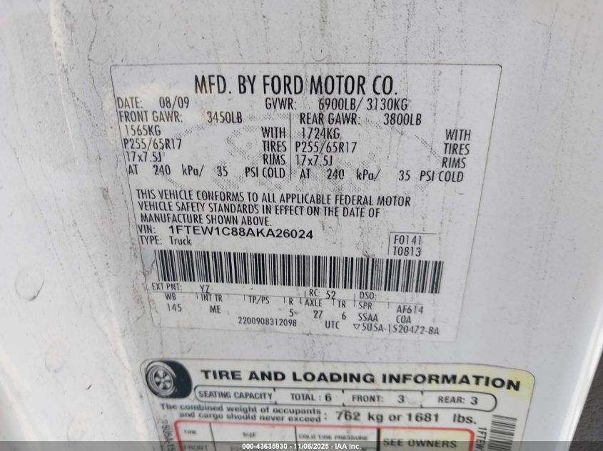 2010 Ford F-150 Xl/Xlt VIN: 1FTEW1C88AKA26024 Lot: 43635930