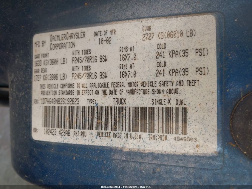 2003 Dodge Dakota Slt VIN: 1D7HG48N83S192823 Lot: 43635934