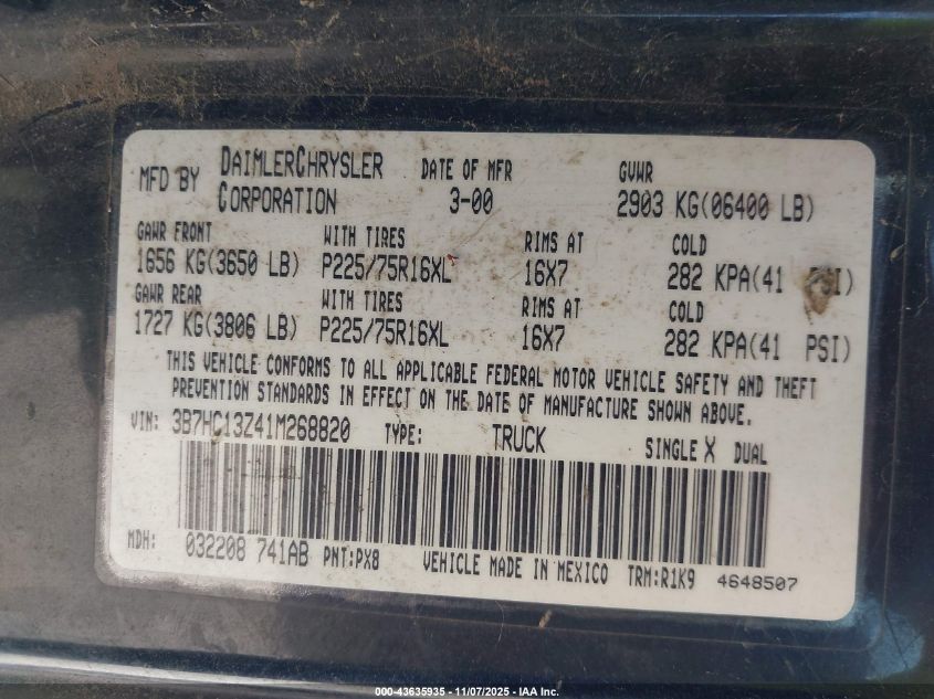 2001 Dodge Ram 1500 St VIN: 3B7HC13Z41M268820 Lot: 43635935