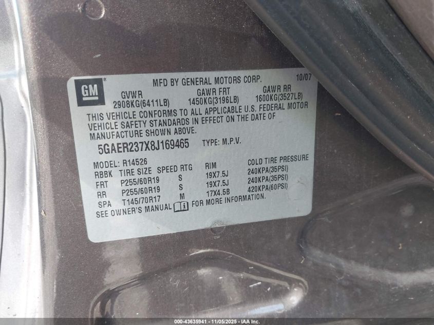 2008 Buick Enclave Cxl VIN: 5GAER237X8J169465 Lot: 43635941