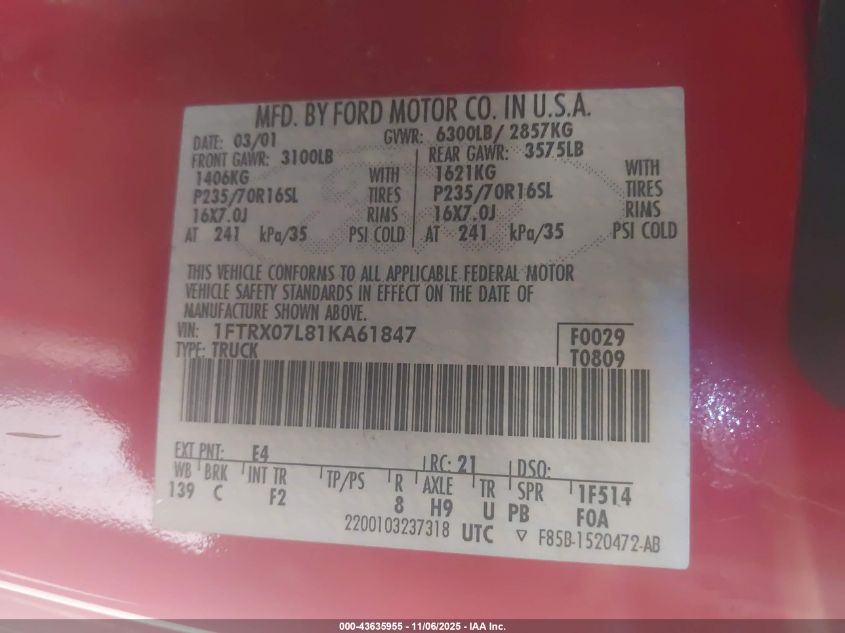2001 Ford F-150 Lariat/Xl/Xlt VIN: 1FTRX07L81KA61847 Lot: 43635955