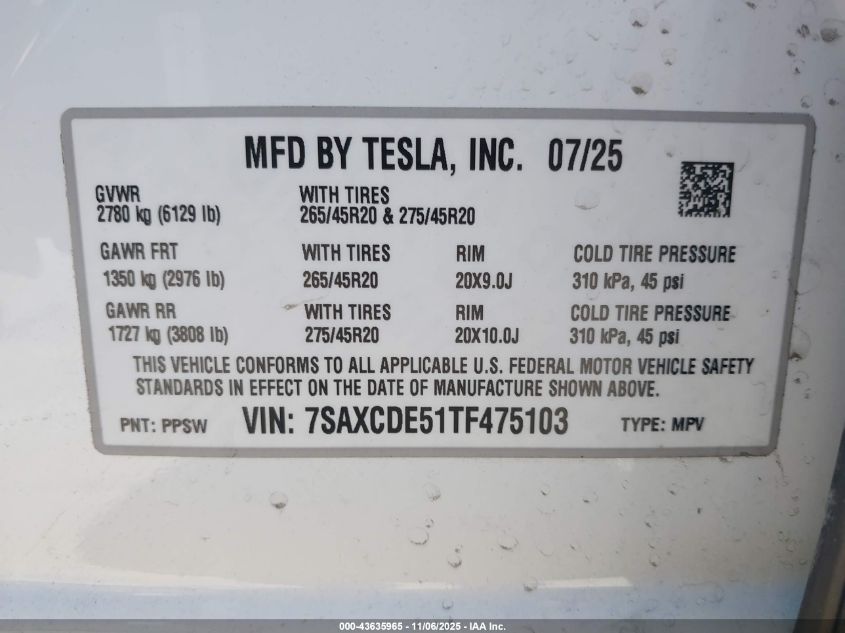 2026 Tesla Model X VIN: 7SAXCDE51TF475103 Lot: 43635965