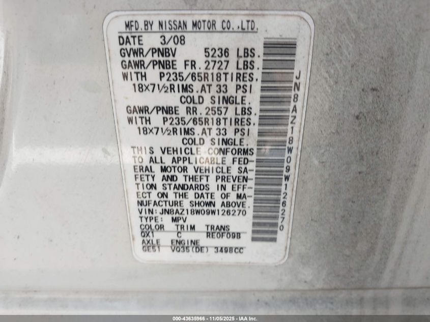 2009 Nissan Murano S VIN: JN8AZ18W09W126270 Lot: 43635966