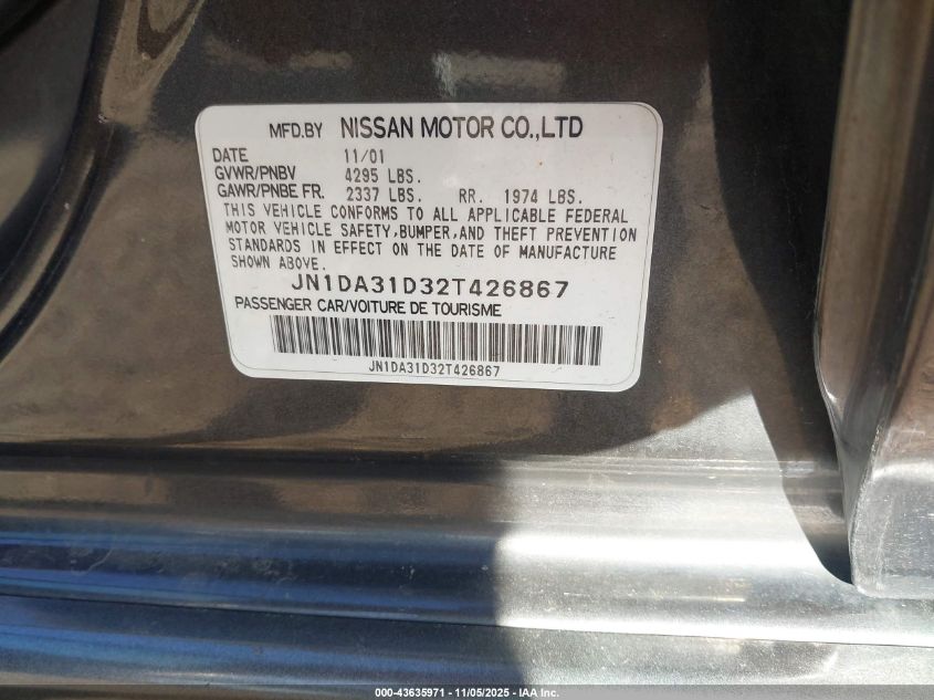 2002 Nissan Maxima Gle VIN: JN1DA31D32T426867 Lot: 43635971