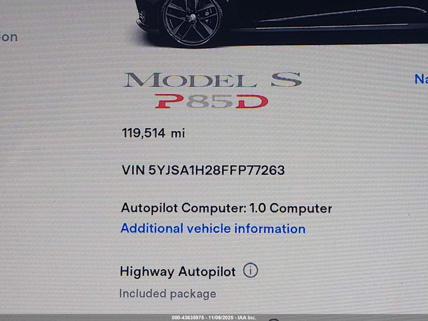 2015 Tesla Model S 70D/85D/P85D VIN: 5YJSA1H28FFP77263 Lot: 43635975