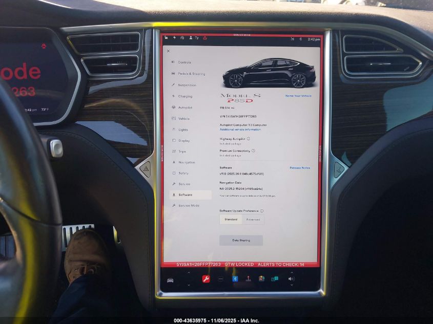 2015 Tesla Model S 70D/85D/P85D VIN: 5YJSA1H28FFP77263 Lot: 43635975