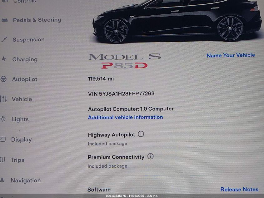 2015 Tesla Model S 70D/85D/P85D VIN: 5YJSA1H28FFP77263 Lot: 43635975