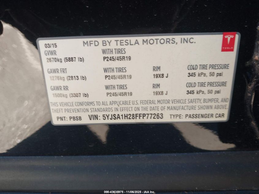 2015 Tesla Model S 70D/85D/P85D VIN: 5YJSA1H28FFP77263 Lot: 43635975