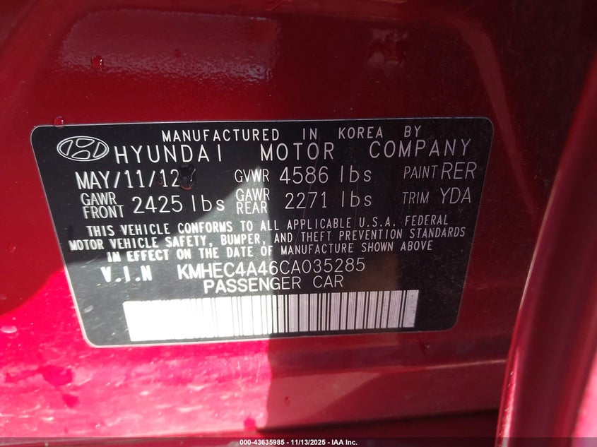 KMHEC4A46CA035285 2012 HYUNDAI SONATA photo no. 9