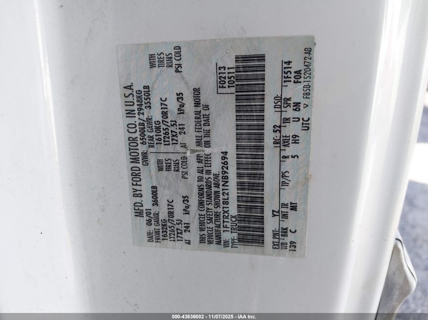 2001 Ford F-150 Lariat/Xl/Xlt VIN: 1FTRX18L21NB92694 Lot: 43636002