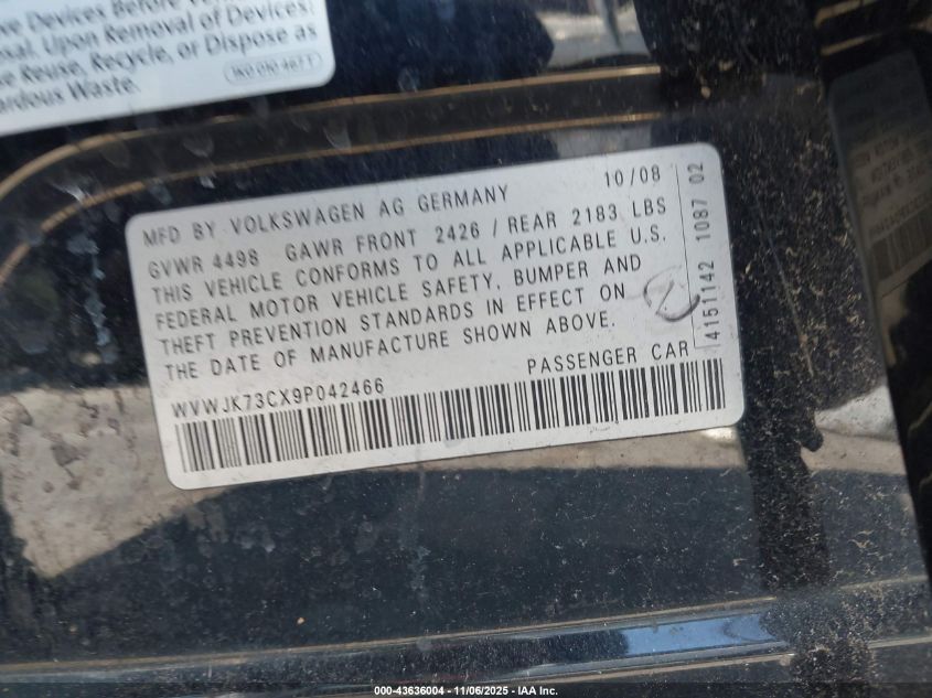 2009 Volkswagen Passat Komfort VIN: WVWJK73CX9P042466 Lot: 43636004