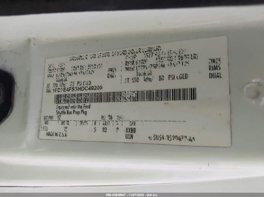 2017 Ford E-450 Cutaway VIN: 1FDFE4FS3HDC49209 Lot: 43636007