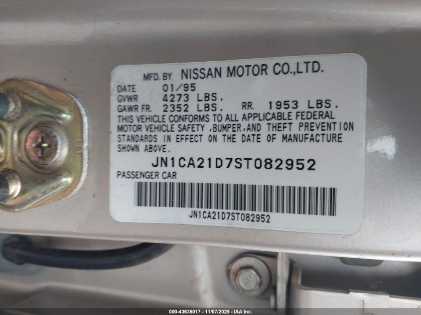 1995 Nissan Maxima Gle/Gxe/Se VIN: JN1CA21D7ST082952 Lot: 43636017