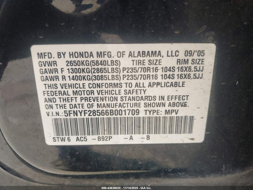 5FNYF28566B001709 2006 HONDA PILOT photo no. 9