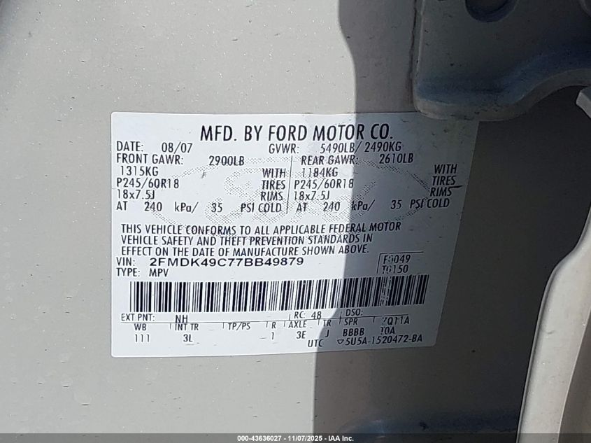 2007 Ford Edge Sel Plus VIN: 2FMDK49C77BB49879 Lot: 43636027