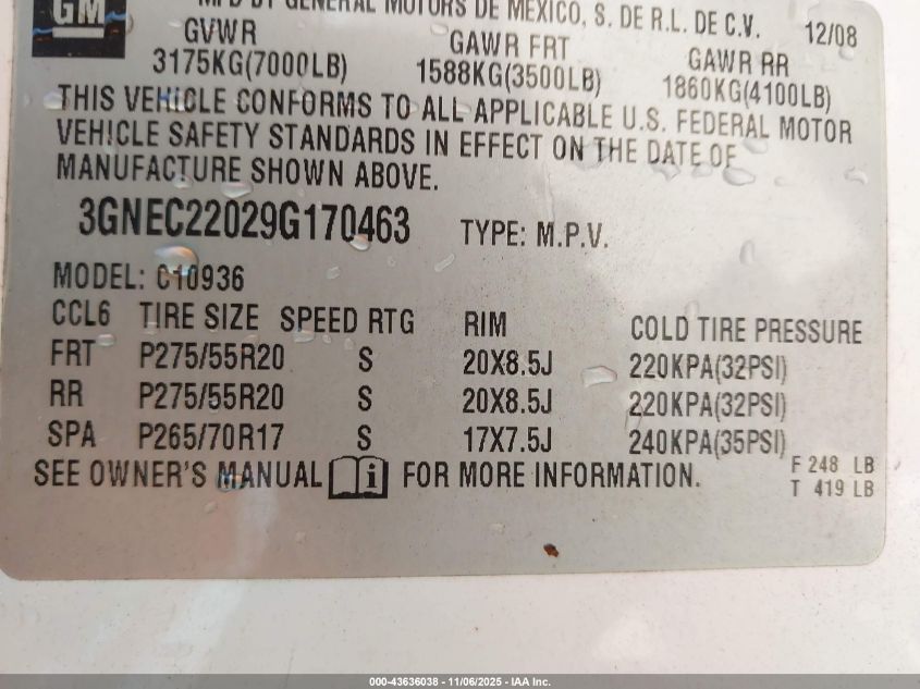 2009 Chevrolet Avalanche 1500 Lt2 VIN: 3GNEC22029G170463 Lot: 43636038