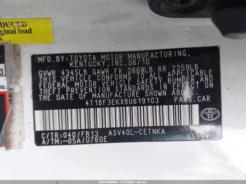 2011 Toyota Camry Le VIN: 4T1BF3EKXBU619103 Lot: 43636048