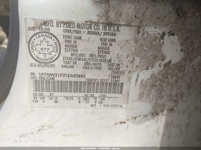 2001 Ford F-250 Lariat/Xl/Xlt VIN: 1FTNW21F31EA83883 Lot: 43636054
