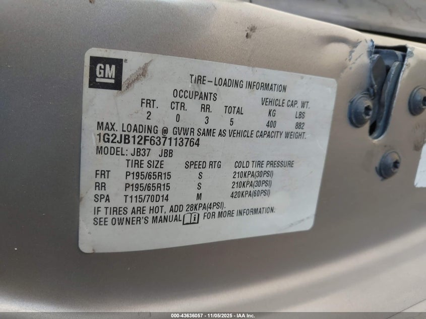 2003 Pontiac Sunfire VIN: 1G2JB12F637113764 Lot: 43636057