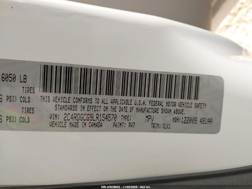 2020 Dodge Grand Caravan Sxt VIN: 2C4RDGCG9LR154570 Lot: 43636062