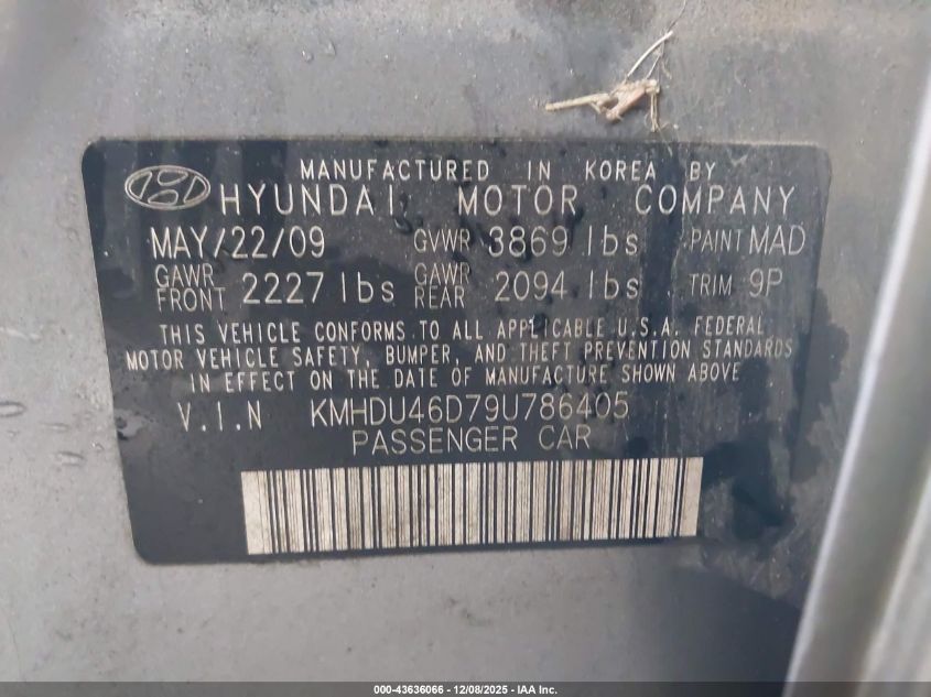 2009 Hyundai Elantra Se VIN: KMHDU46D79U786405 Lot: 43636066