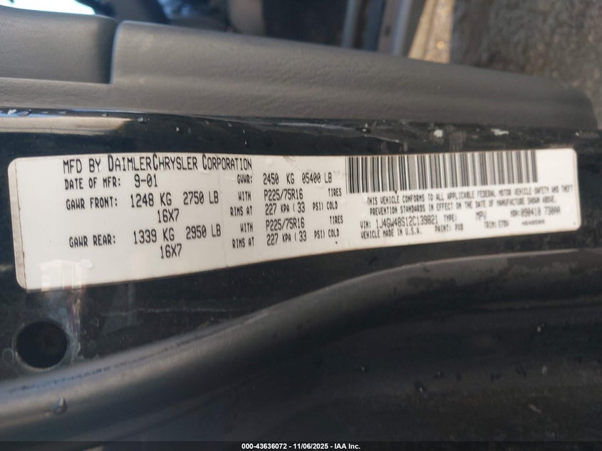 2002 Jeep Grand Cherokee Laredo VIN: 1J4GW48S12C139821 Lot: 43636072