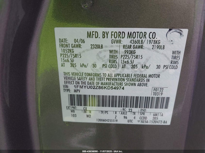 2006 Ford Escape Xls/Xls Manual VIN: 1FMYU02Z86KD54974 Lot: 43636098